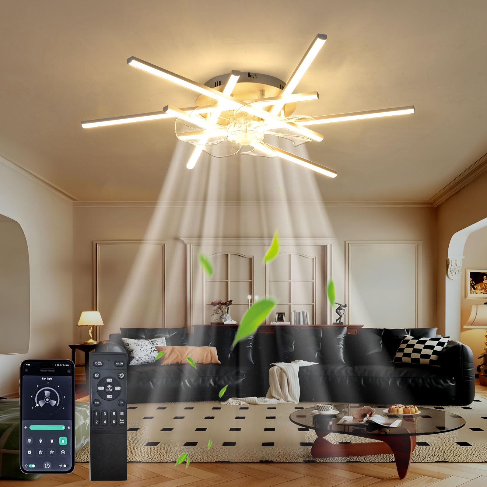 HXYSXHJUO Ceiling Fans with Lights and Remote, Dimmable Quiet Fan Light for Bedroom Living Room, Long Unique Design, Reversible DC Motors, Recessed, With Remote Control, Motors