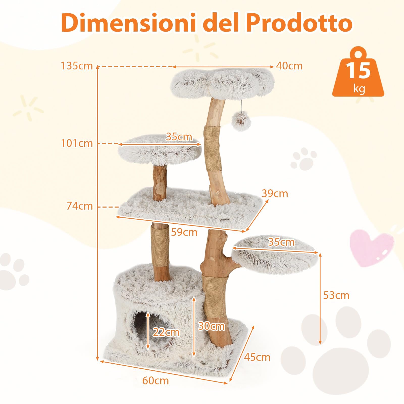 COSTWAY Tiragraffi per Gatto Alto 135 cm, Albero Tiragraffi in Legno di Pero Naturale con Grotta e 6 Piani, Torre per Gatti Imbottito in Peluche con Corde Juta e Pompon, Bianco