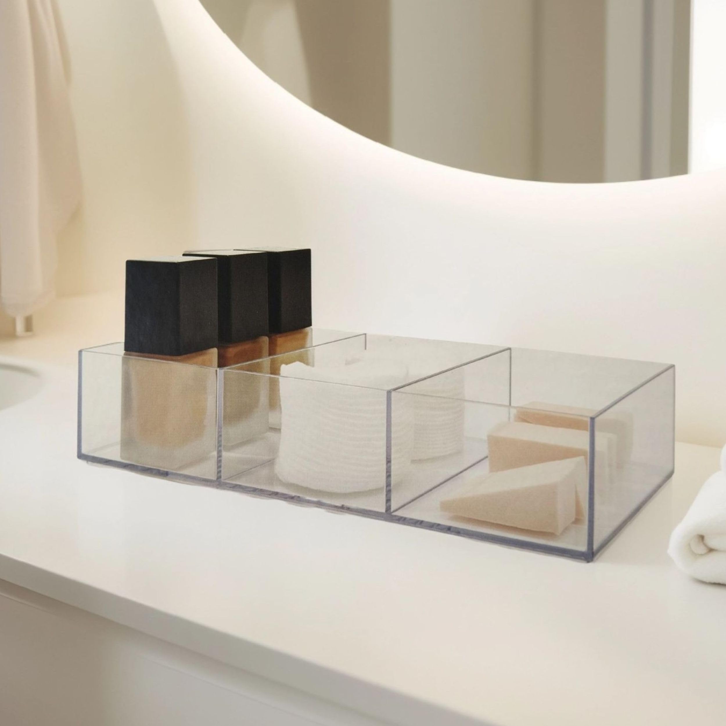 Pms Clear Acrylic Make Up Tray Cosmetic Holder - 3 Compartment Cosmetic Organiser Storage Unit - Makeup Storage - Compact Tabletop Makeup Organiser.