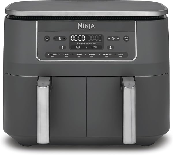 Ninja Dual Zone Digital Air Fryer, 2 Schubladen, 6-in-1, Heißluftfritteuse ohne Öl, 7,6L, Heißluft-Frittieren, Max Crisp, Rösten, Backen, Aufwärmen, Spülmaschinenfeste Körbe, Metallic Grau DZ300EU - 1