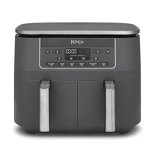 Ninja Dual Zone Digital Air Fryer, 2 Schubladen, 6-in-1, Heißluftfritteuse ohne Öl, 7,6L, Heißluft-Frittieren, Max Crisp, Rösten, Backen, Aufwärmen, Spülmaschinenfeste Körbe, Metallic Grau DZ300EU
