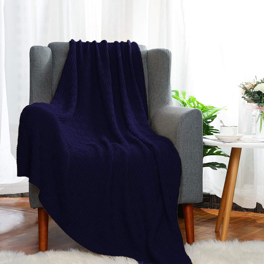 sourcing map 100% Cotton Cable Knit Throw Blanket Soft Lightweight Lap Blanket Textured Solid Sofa Throw Couch Cover Decorative Knitted Blankets - Image 3