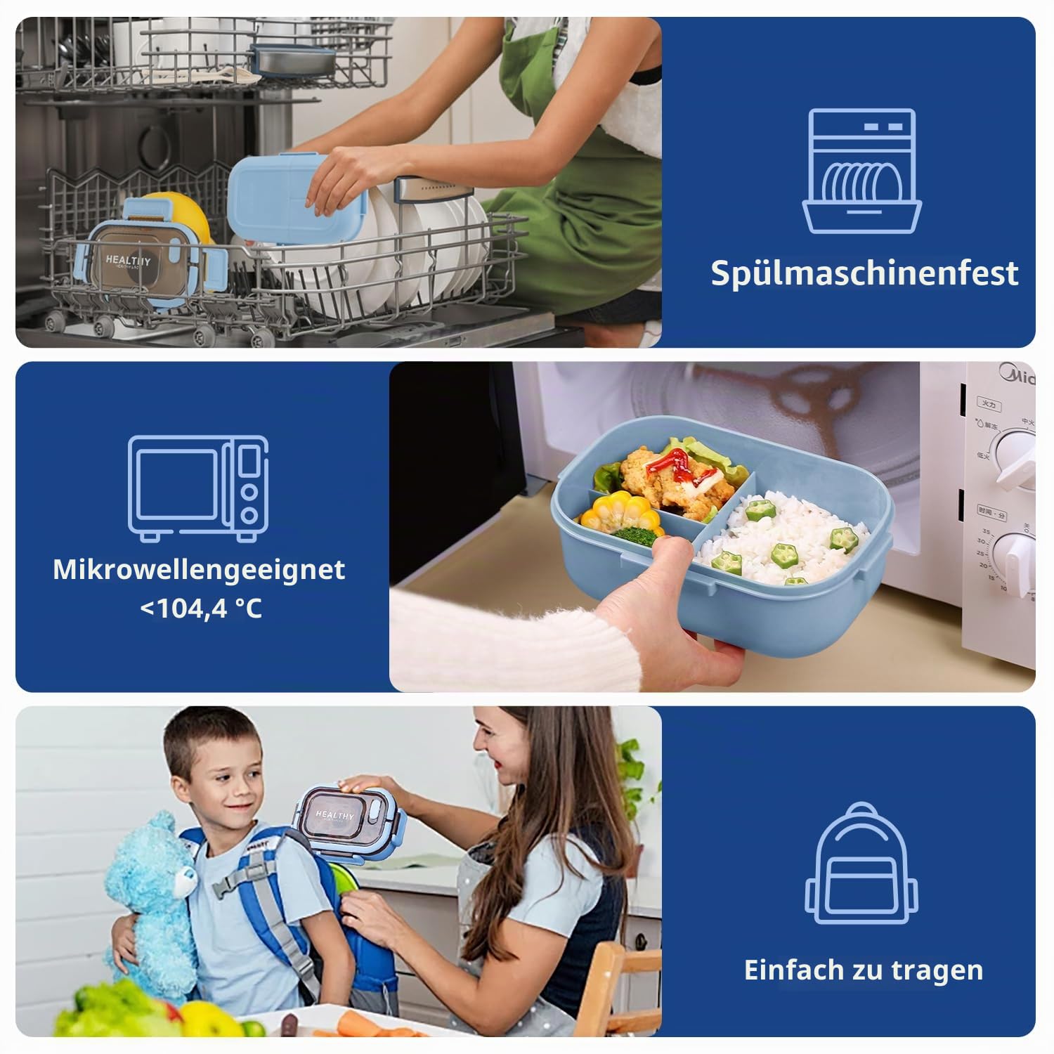 OWill Lunchbox,brotdose mit fächern 1200ml,lunchbox erwachsene mit griff,bento box mit soßentopf und Besteckset,lunchbox kinder,jausenbox erwachsene kinder,mikrowellen und spülmaschinenfest,Blau