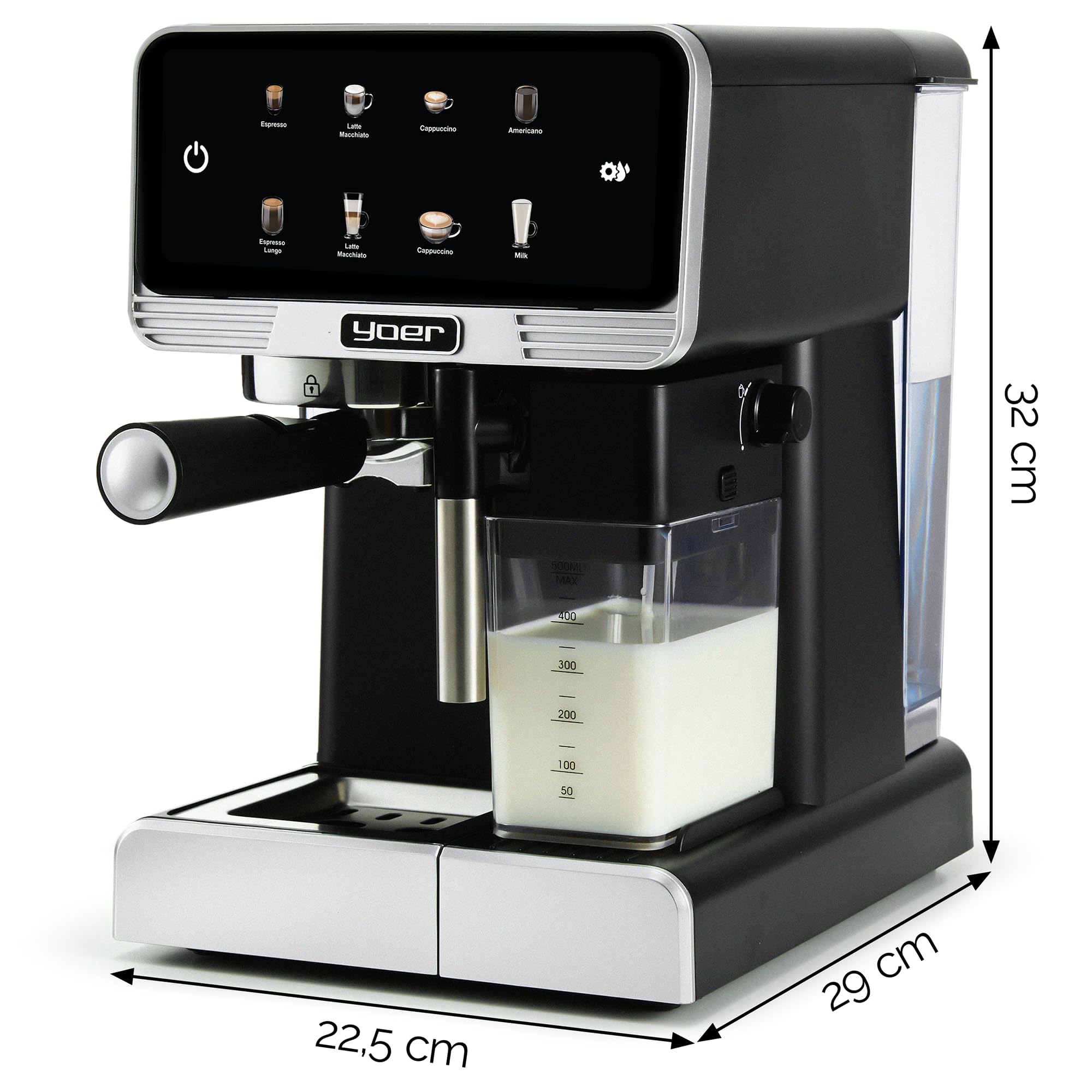 Yoer Kaffeevollautomat mit Milchsystem, Kaffeemaschine, 8 automatische Programme, Touchscreen, 20 bar, 1350W, Milchaufschäumer, Espresso, Cappuccino & Latte, 2-Tassen-Funktion, Creamo EMF03BK, schwarz