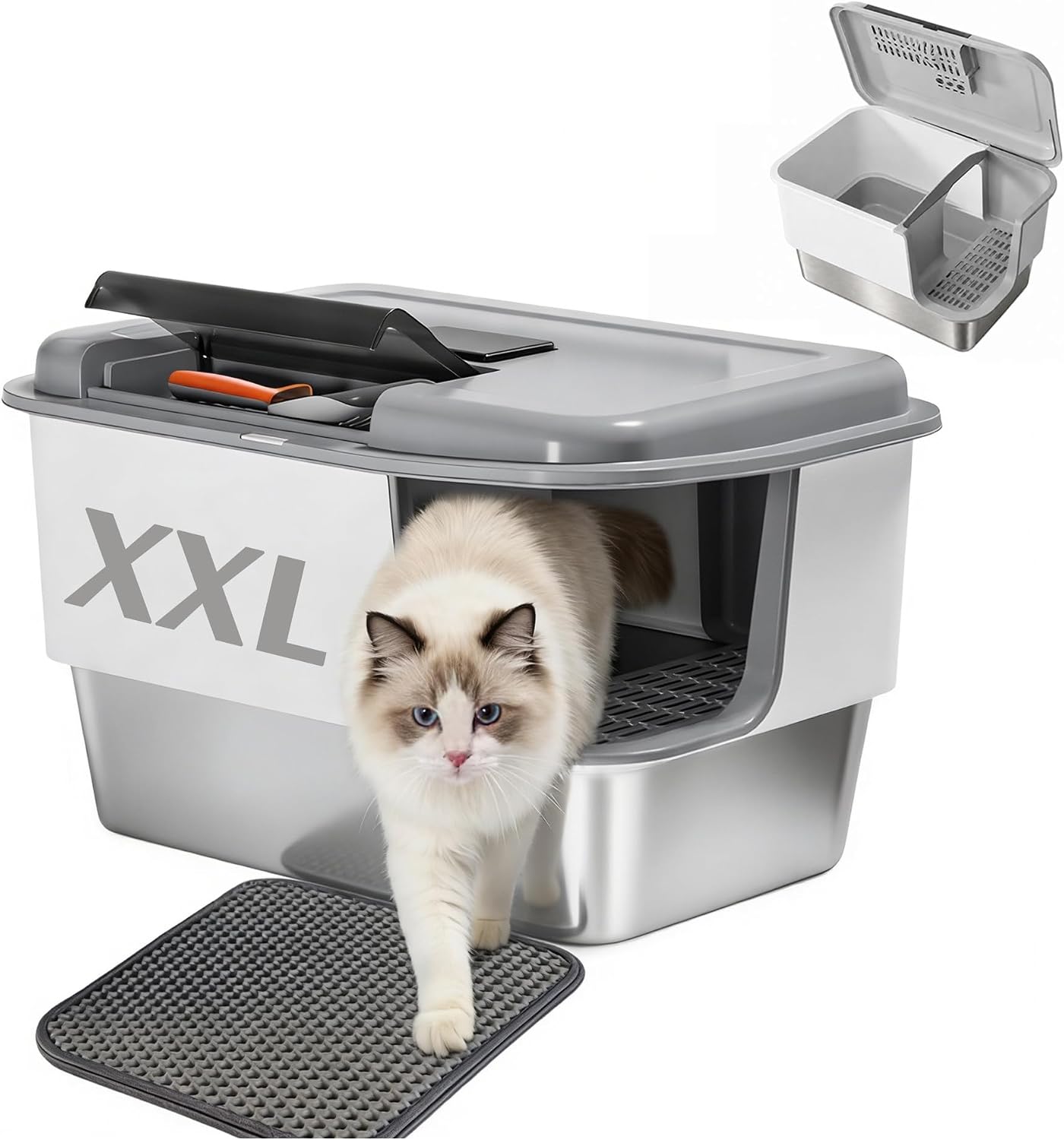 XXL Stainless Steel Litter Box with Lid, 26" x 18.5" x 15.3" Extra Large Covered Metal Cat Litter Box for Big Cats, Enclosed High Sides Cat Litter Box with Mat & Scoop, Easy Clean Odor Control, Grey