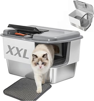 XXL Stainless Steel Litter Box with Lid, 26" x 18.5" x 15.3" Extra Large Covered Metal Cat Litter Box for Big Cats, Enclosed High Sides Cat Litter Box with Mat & Scoop, Easy Clean Odor Control, Grey
