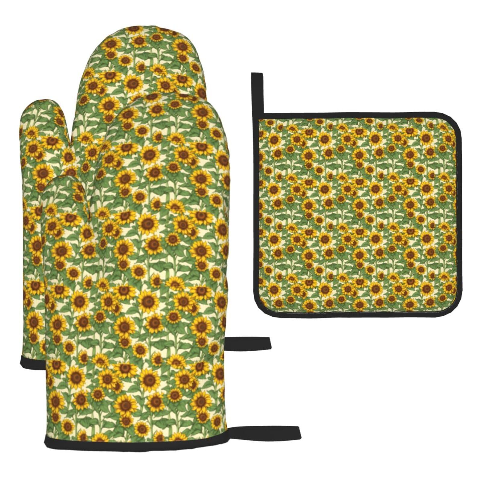 Sunflower Print Oven Mitts Kitchen Gloves Set Everyday Baking Grilling Microwaving Cooking Gift