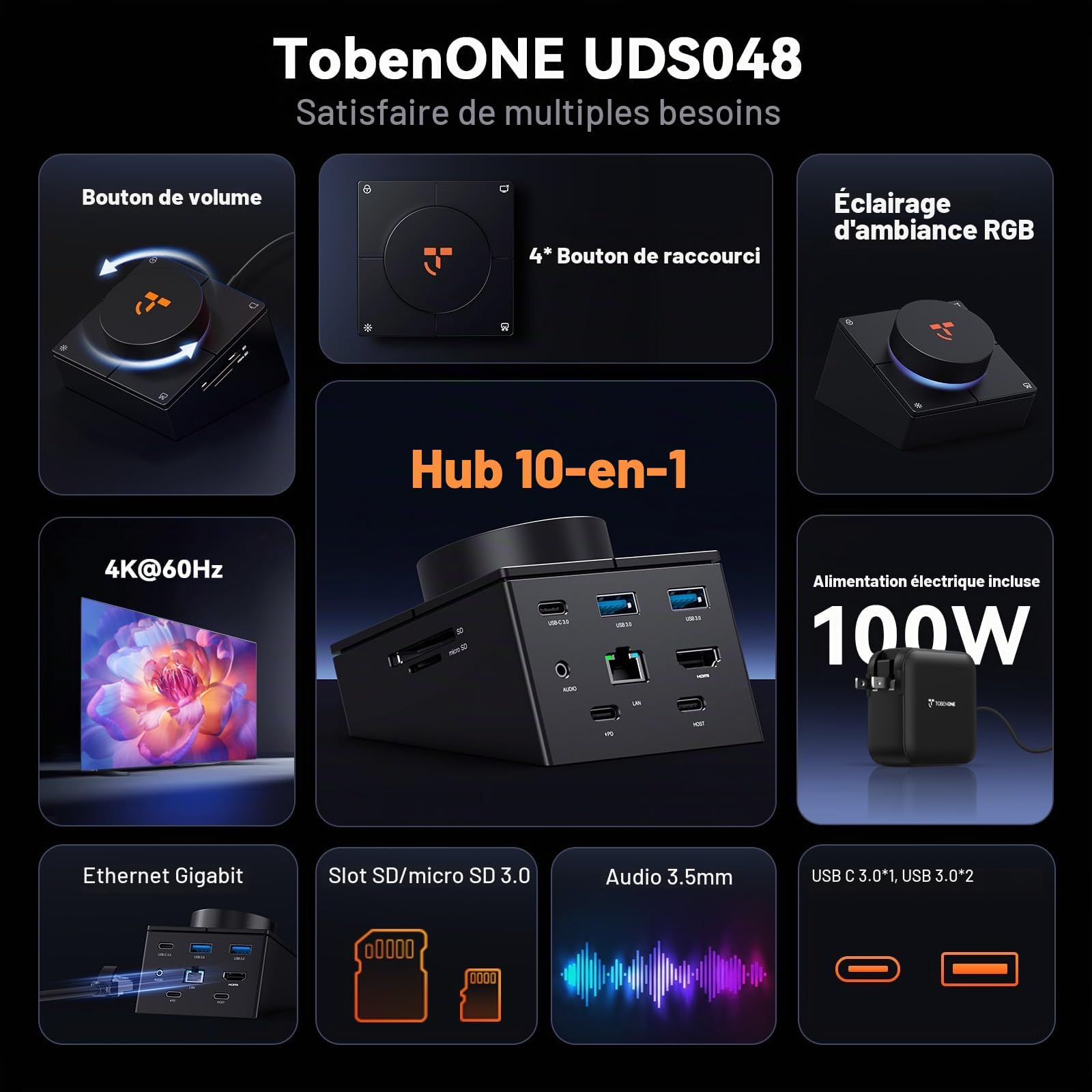 TobenONE Hub USB C 10 en 1 avec touches de raccourci, bouton de volume, HDMI 4K | 100W PD, 3 USB, Ethernet, audio, SD/microSD, station d'accueil pour ordinateur portable MacBook, Windows, Chrome, iPad