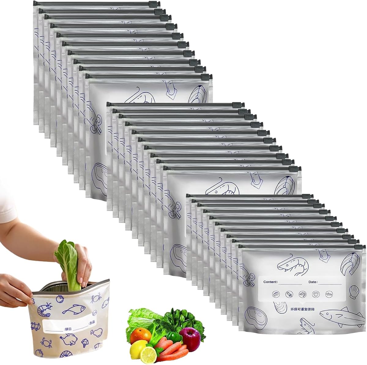 30 bolsas de almacenamiento reutilizables de papel de aluminio sellables, bolsas de papel de aluminio reutilizables, bolsas de vacío con cremallera resellable con etiqueta y diseño de fondo vertical, para bocadillos de carne de frutas y verduras (3 tamaños)