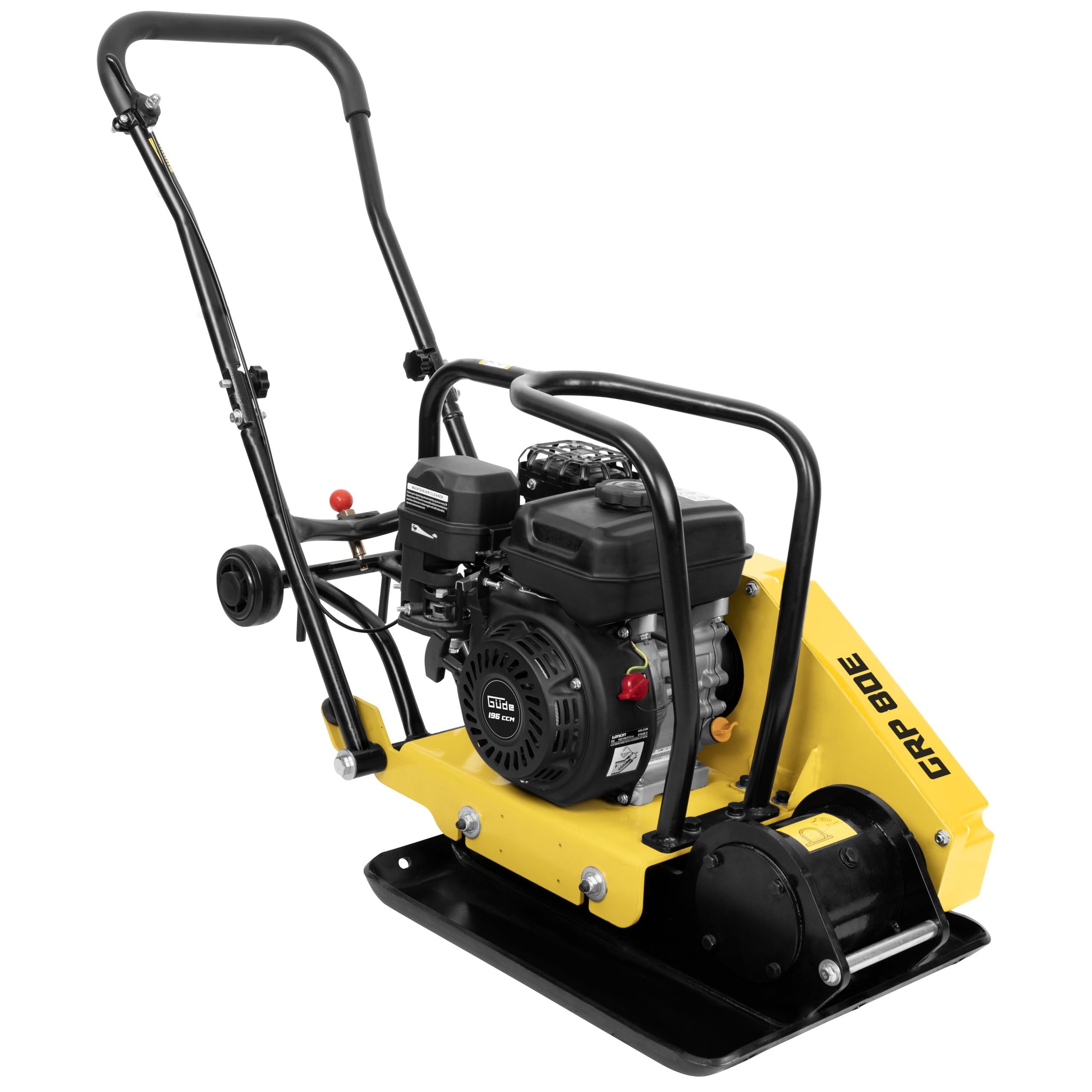 Güde GRP 80E Rüttelplatte - 4-Takt-Motor, 196 Kubikzentimeter Hubraum, 4,1 Kilowatt, 5,5 PS, 42 x 52 Zentimeter Arbeitsplatte, 14 kN Verdichtungsdruck, 20 m/min Vorlauf, Polyurethanmatte, Fahrwerk