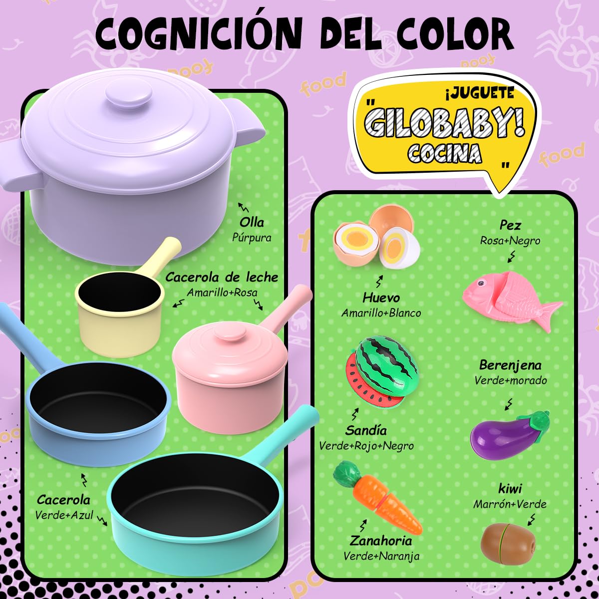 GILOBABY Accesorios de Cocina para Niños, Juguetes Educativos con Juego de Ollas y Utensilios, Alimentos y Juguetes