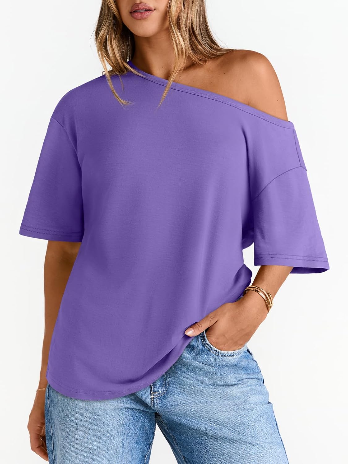 LILLUSORY Off The Shoulder Tops Oversized Tshirts Short Sleeve Basic Tee 2026 Casual Summer Fashion Clothes - Image 4