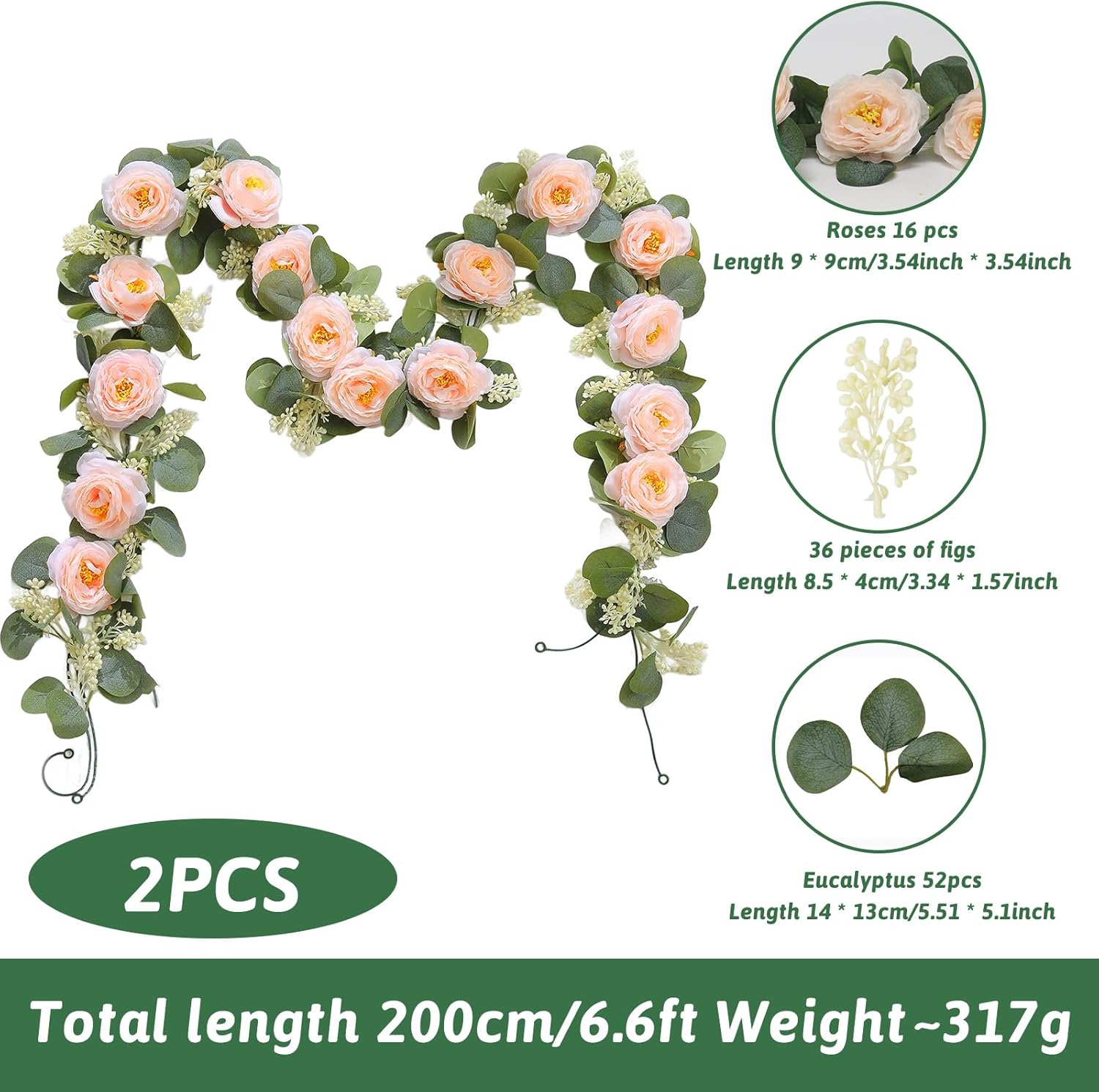 MAKHOT 2 Pcs Pink 6.6Ft Artificial Eucalyptus Flower Garland with Fake Rose Flower Vine Seeded Eucalyptus Leaves Greenery Garland for Wedding Table Backdrop Party Centerpiece Room Decor (Pink) - Image 3