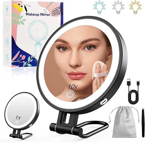 Espejo Maquillaje con Luz, 1X/10X Aumento y 3 Colores de Luz, Brillo Ajustable de 20%-100%, 3000mAh Carcasa De Metal - Negro
