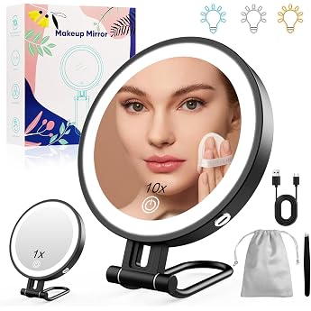 Robofun Schminkspiegel mit Beleuchtung 1X/10X Vergr erungsspiegel mit Licht 3 Farblichter 20%-100% Helligkeit Beleuchteter kosmetikspiegel mit Beleuchtung 3000mAh - Schwarz Metallgeh use