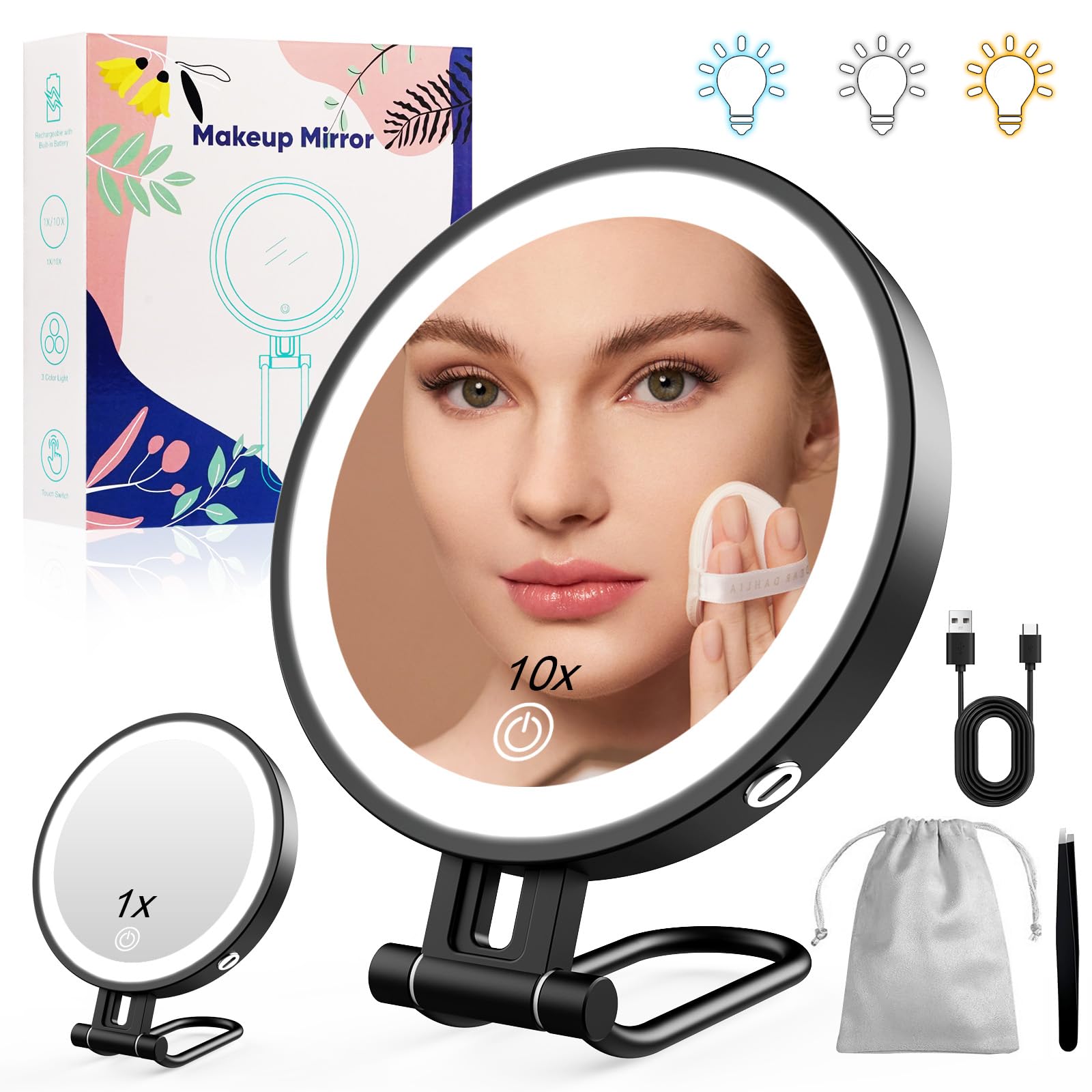 Robofun Specchio Trucco con Luci, 1X/10X Specchio Ingranditore con Luce, 3 Colori di Luce e Luminosità Regolabile dal 20%-100%, 3000mAh Custodia in Metallo Specchio Ingranditore - Nero