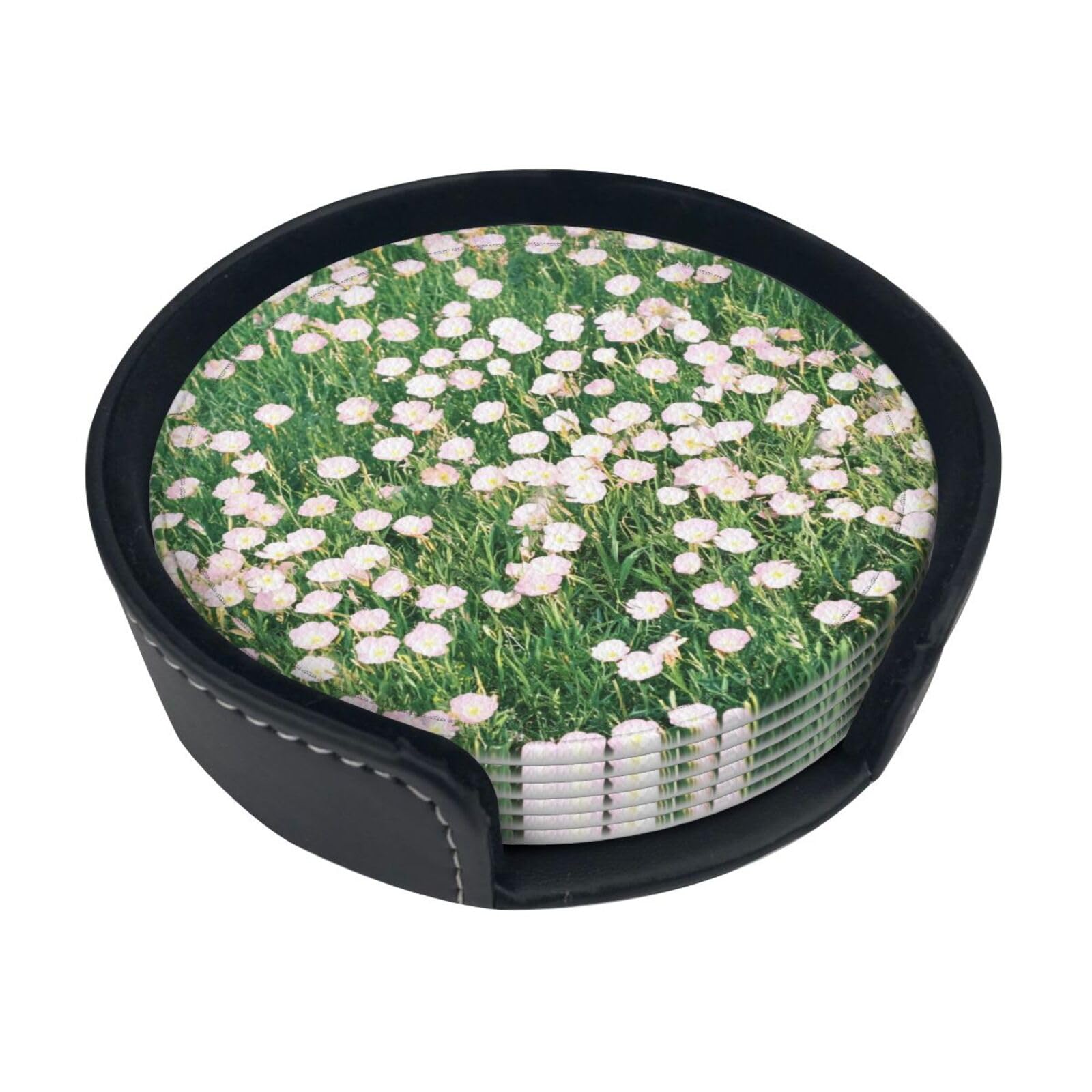 Sage Wildflower Leather Coasters-Set of 6 with Storage Holder