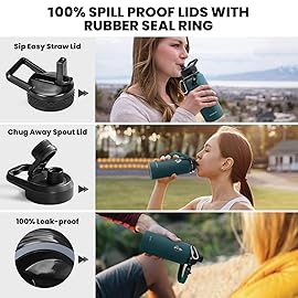 RAYMYLO Insulated Water Bottle 32 oz, Triple Wall Vacuum Stainless Steel (Cold for 48 Hrs), Leak Proof & Non-BPA, Modern Water Flask Jug with Paracord Handle & Straw Spout Lids, Dark Green