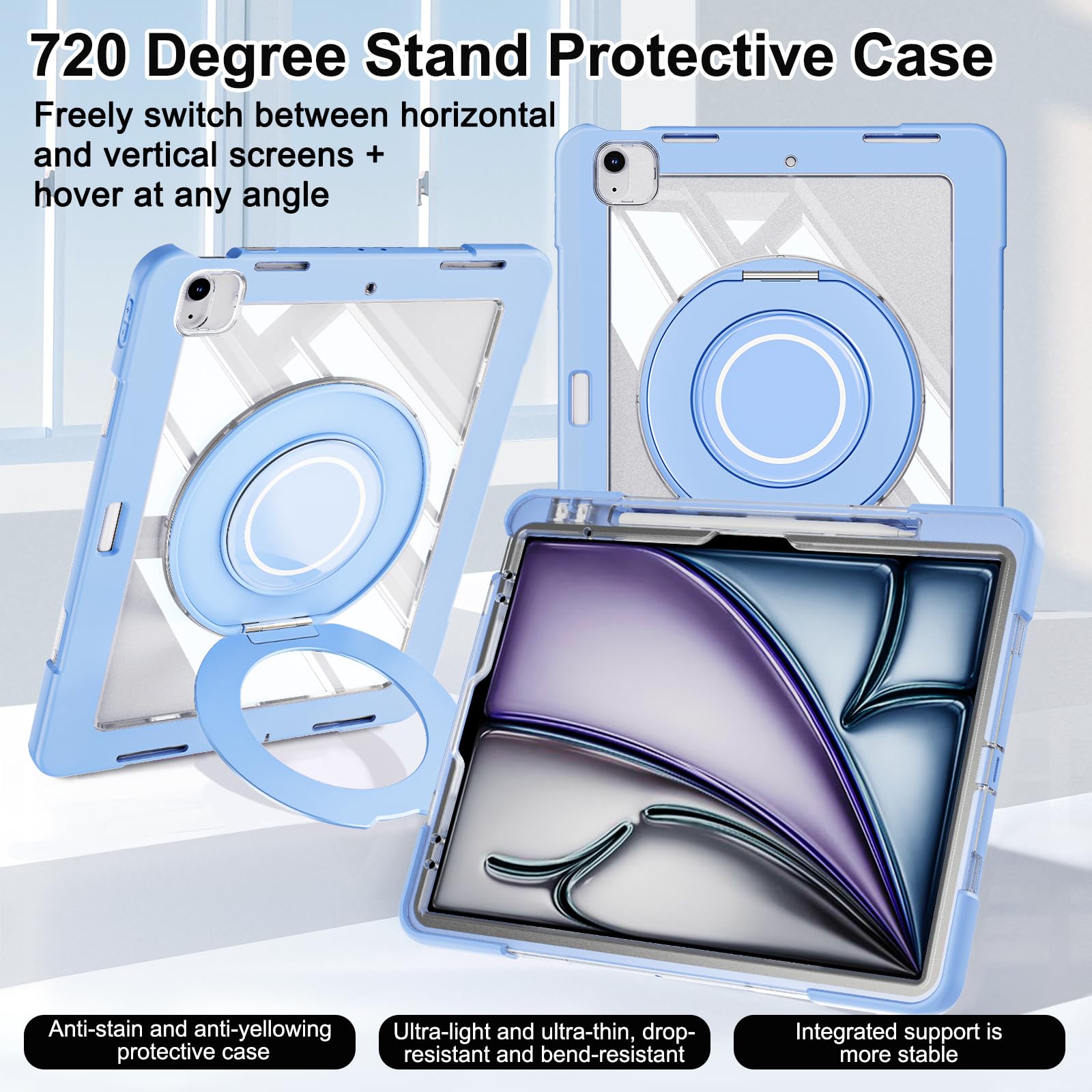 Custodia in silicone resistente per tablet iPad Air 11 pollici 2024, custodia antiurto Crystal Armor Series con portamatite, supporto girevole in titanio con anello grande da appendere