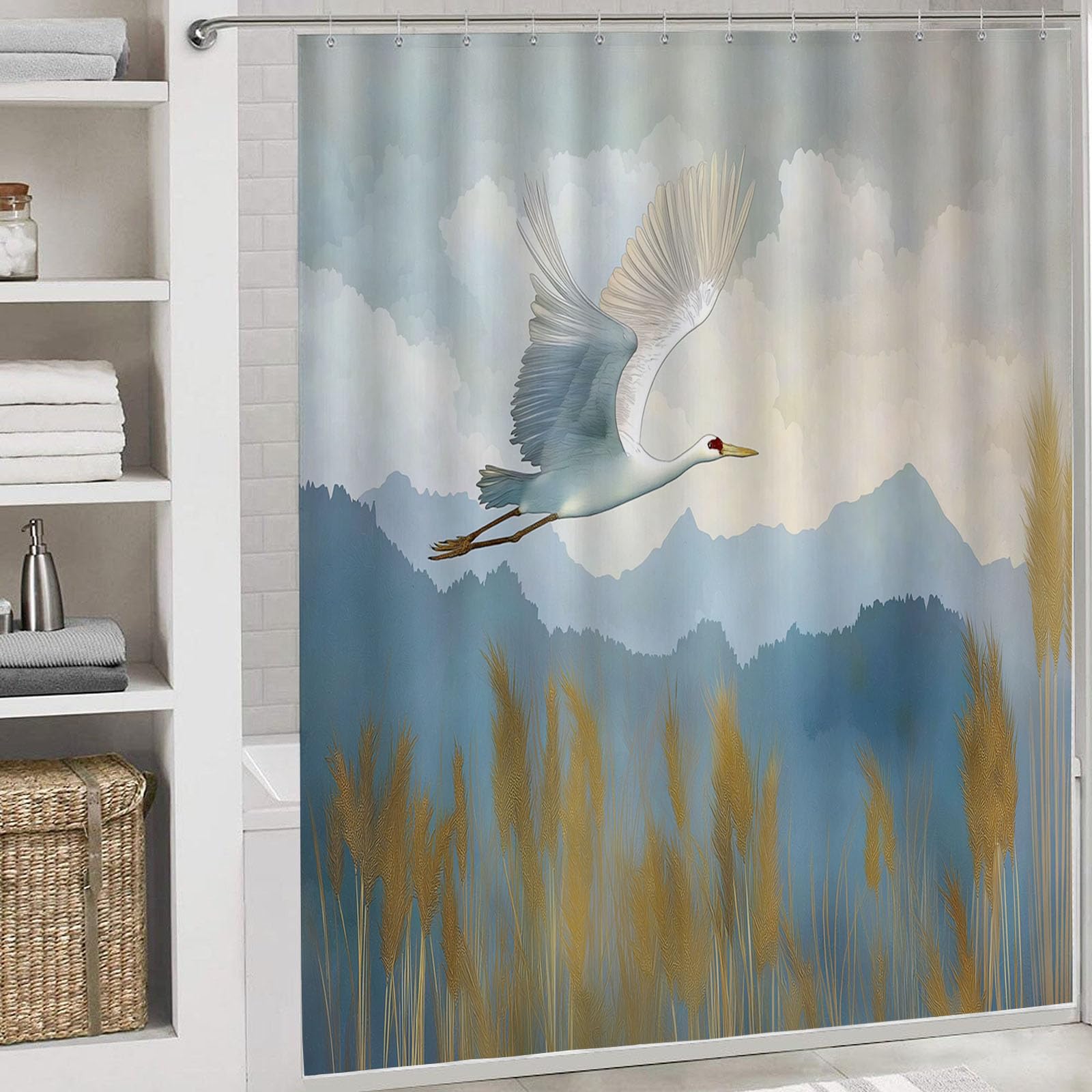 Cortina de Ducha Acuarela Montañas240x200cm,Grúa Lavables Cortina de Baño,Poliéster Textil Impermeable Cortina Ducha para Bañera con 12 Ganchos