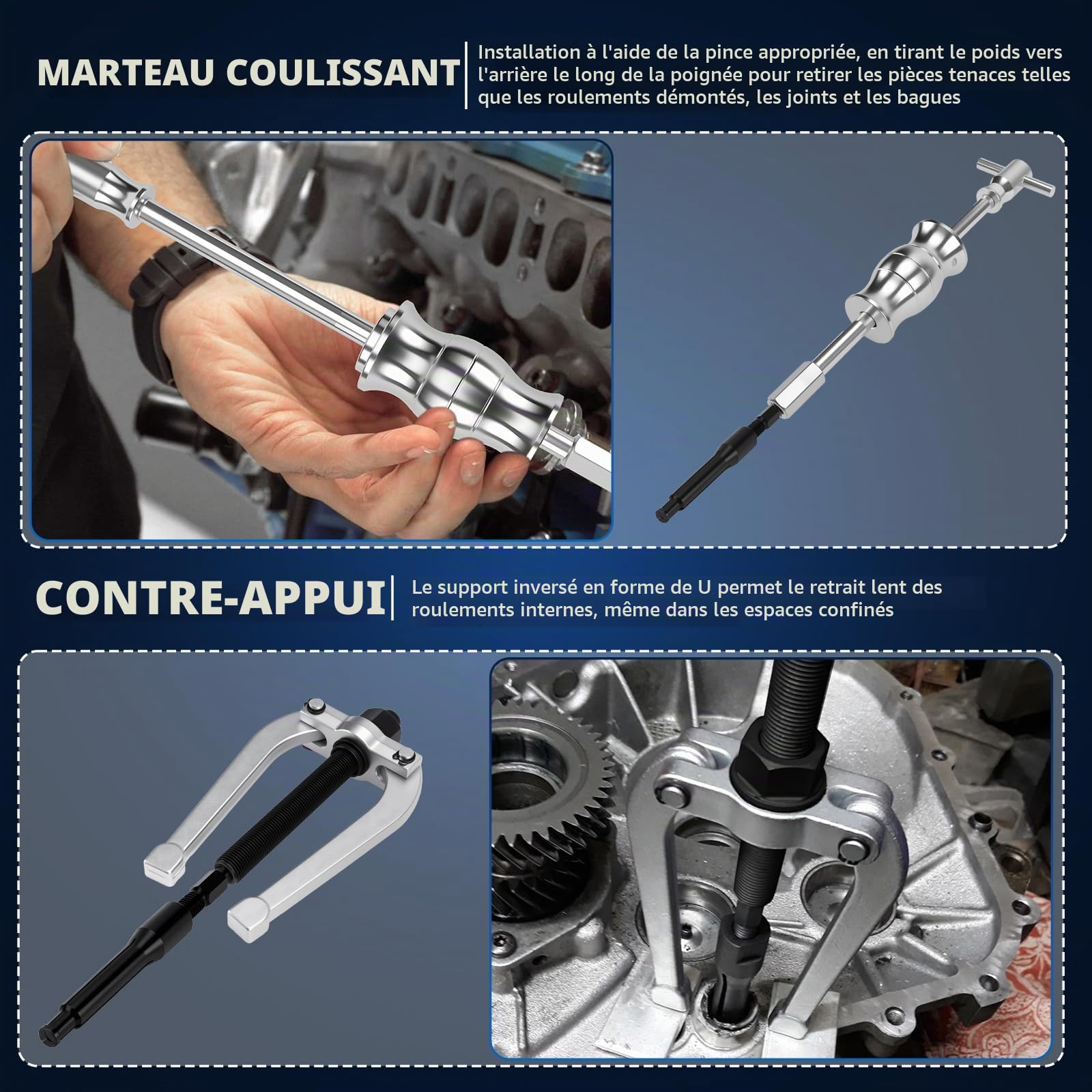 KAOLALI 16 Pièces Kit Extracteur de Roulement Interieur, Extracteur de Roulement, Outil d'extraction de Palier de Trou de Base avec Jeu de Marteaux Glissants