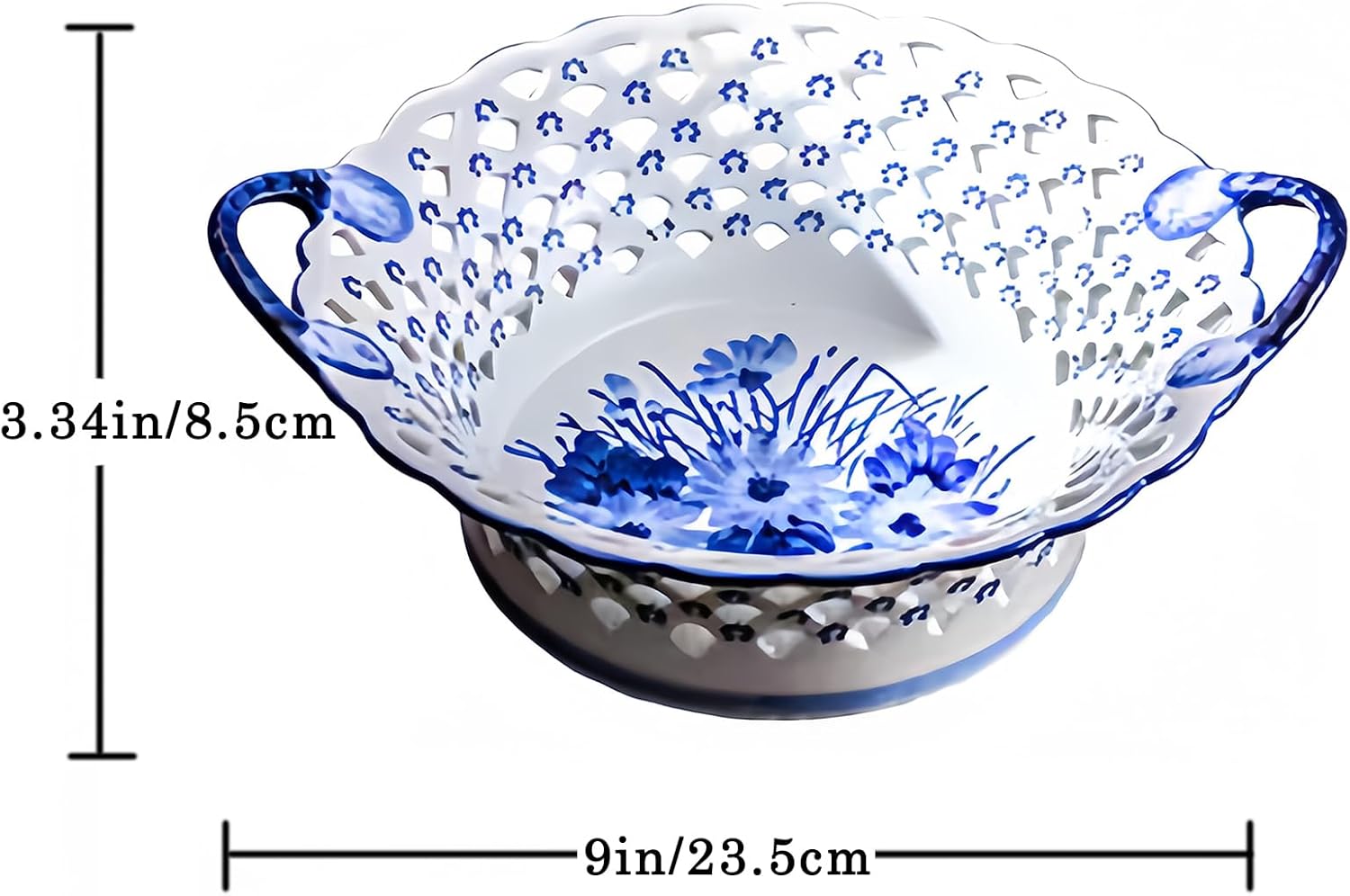 Blue and White Ceramic Fruit Bowl with handle, Porcelain Decoration Bowl, Fruit Serving Plate, Storage Bowl, Decorative for Kitchen Counter, Home Decor