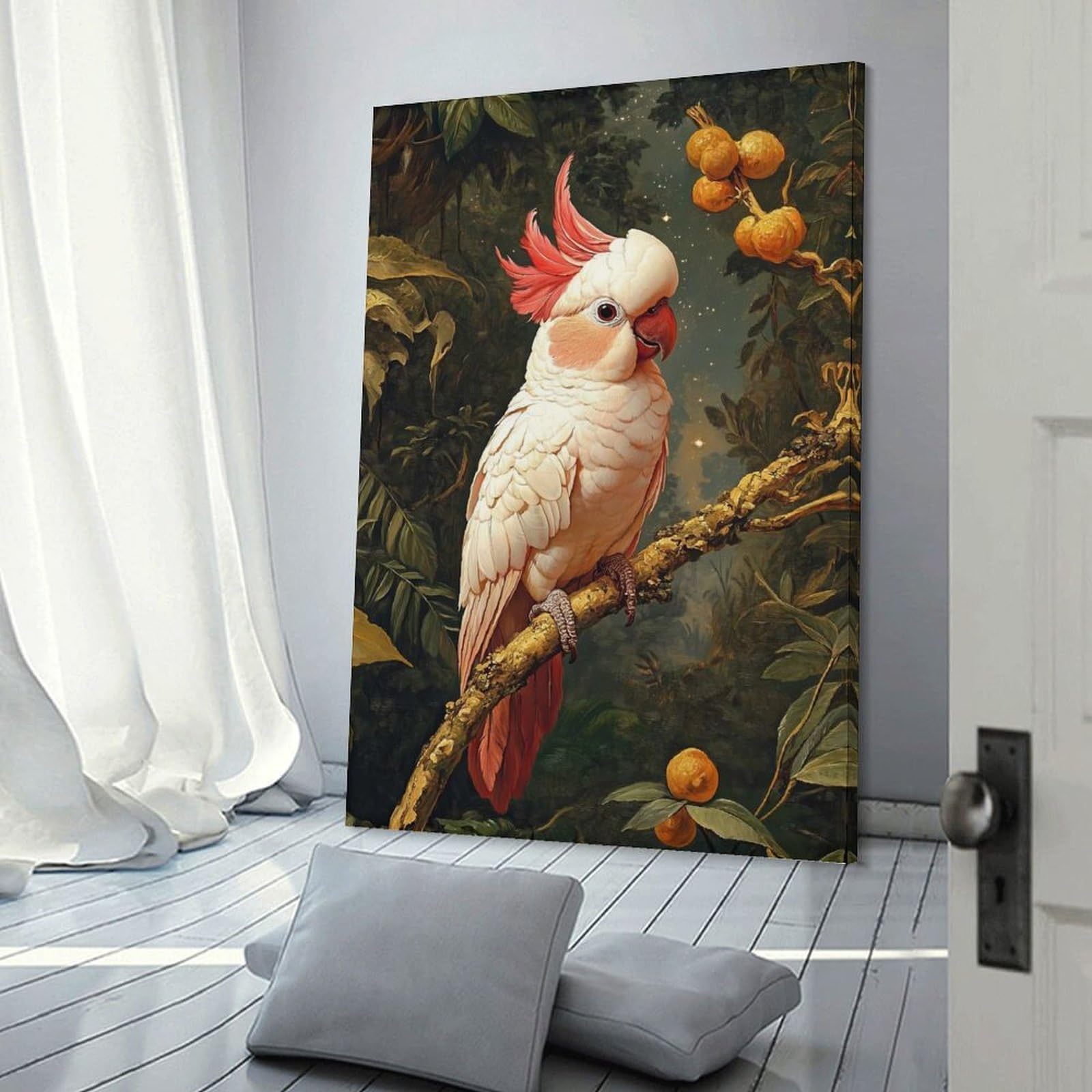Junmoney Frame-Style-19 Pink Cockatoo In Tropical Setting Decorative Wall Artwork, 20X30inch(50X75cm), For Living Spaces, Bedrooms Or Relaxed Rooms, Modern Wall Decor For Cosy Interiors