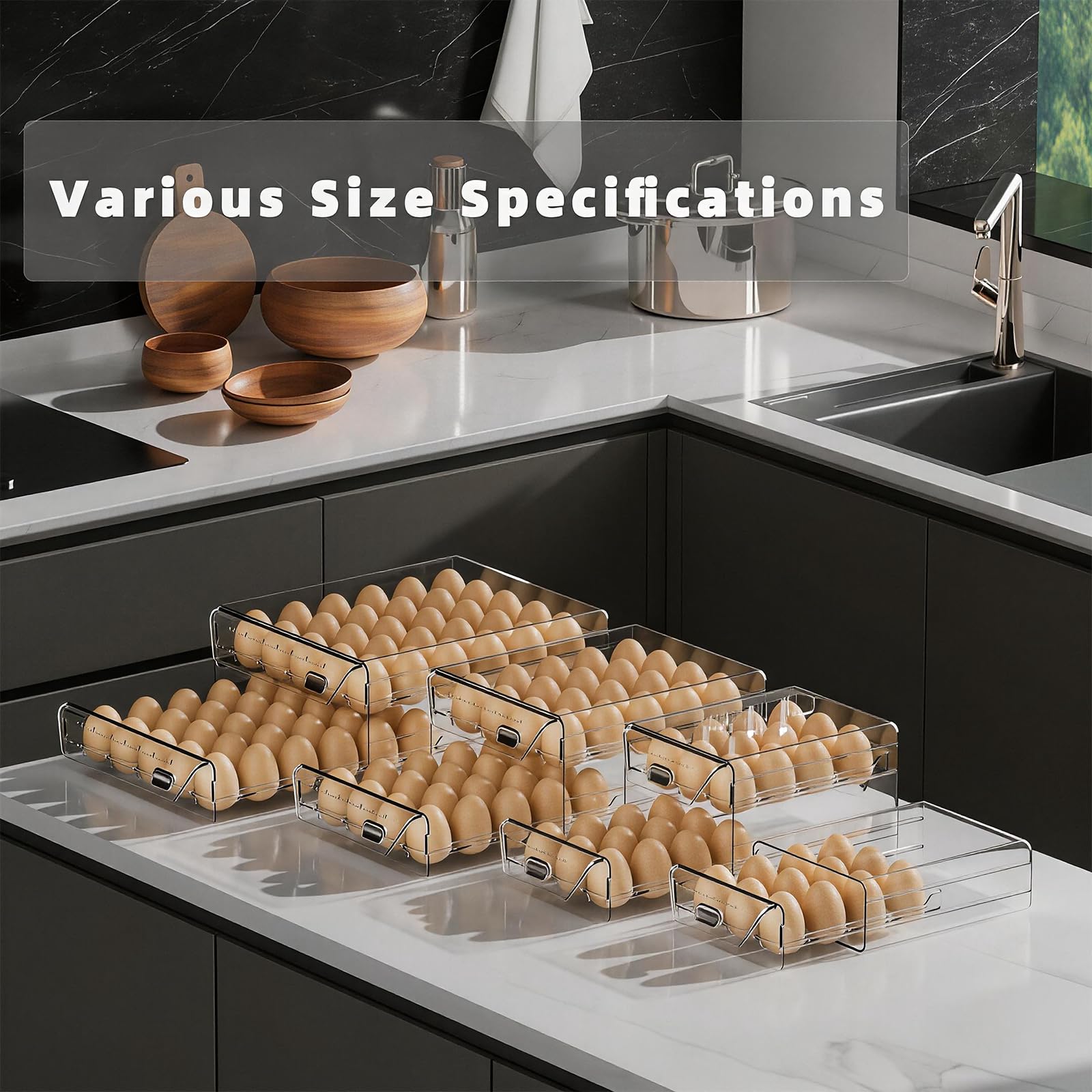 HIYOHIYO Soporte para huevos de 40 rejillas para refrigerador, contenedor de huevos de PET transparente con escala de tiempo, cajones apilables de polipropileno de grado comestible, bandeja