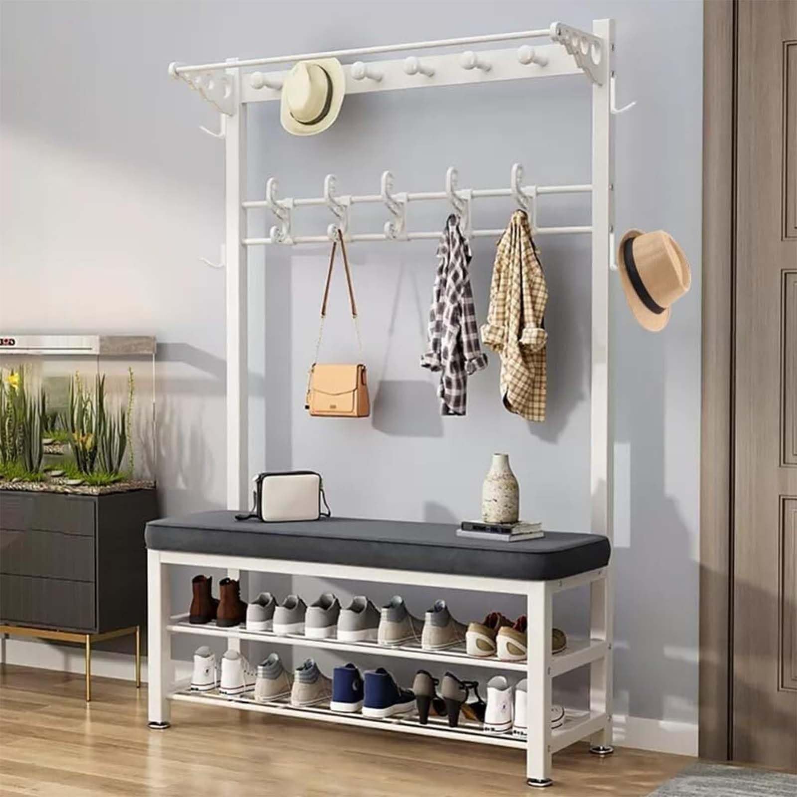 Porte-manteau industriel pour entrée et salon meuble vestiaire avec assise bois et métal