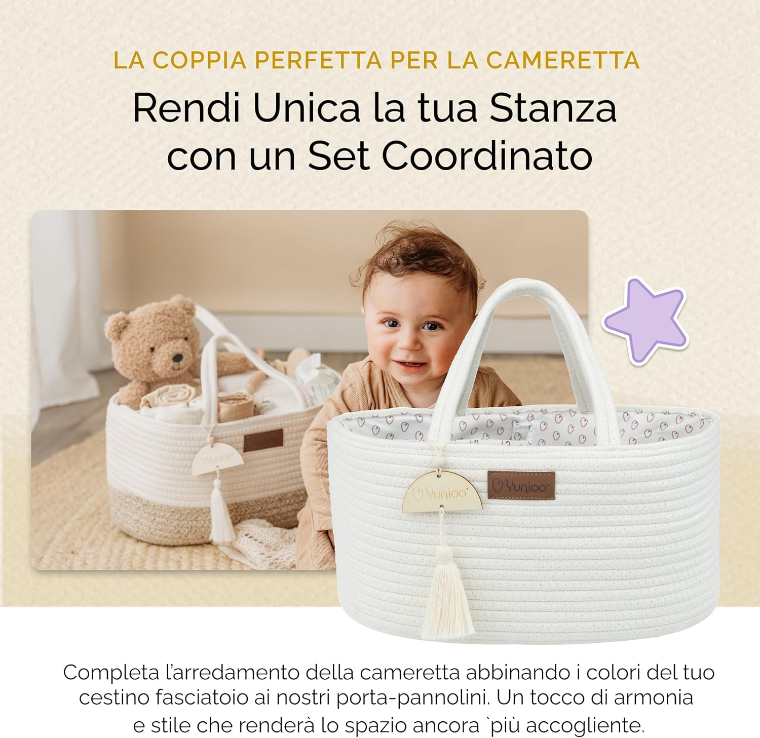 Yunioo Bundle Fasciatoio Neonato con Materassino Impermeabile + Organizer Cestino Porta Pannolini in Corda di Cotone – Set Fasciatoio Completo Regalo Nascita