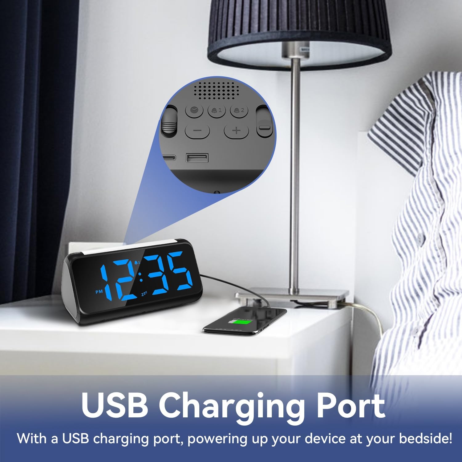 Netzu Digital Alarm Clock with a smartphone connected to its USB charging port