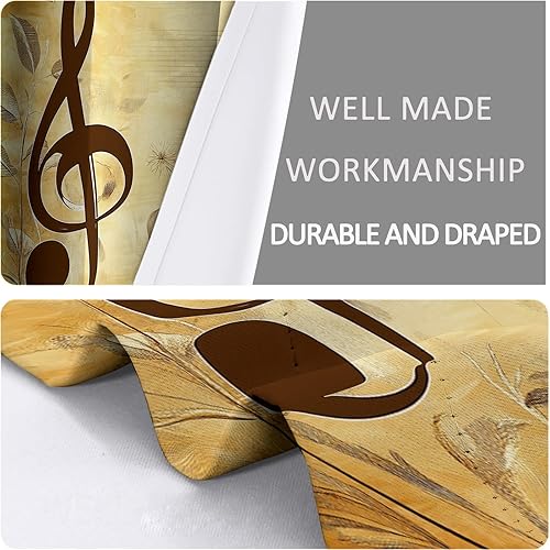 Miniatura 5 de 52" W x 108" L 2 Panel Grommet Room Darkening Window Curtain Drapes, Tan Window Drapes Decor, Retro Musical Note Plant Leaves Print Curtains for