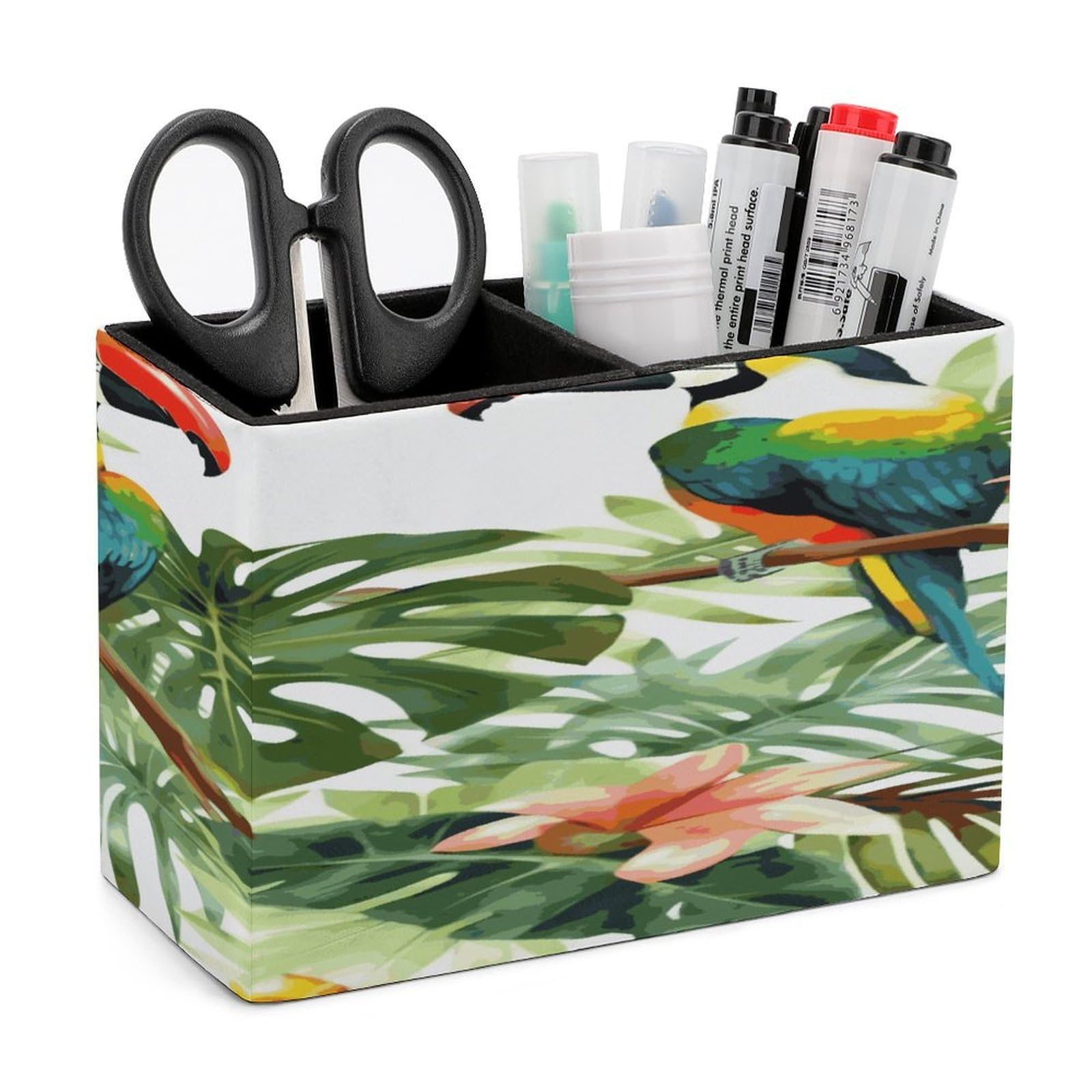 LDGSUPH Toucans Parrot Palm Tree Leaves Leather Pen Holder for Desk Organizer Caddy Large Pencil Cup Multi-function Pencil Holder Makeup Brush Holders Pen Organizer for Home Office Storage Box