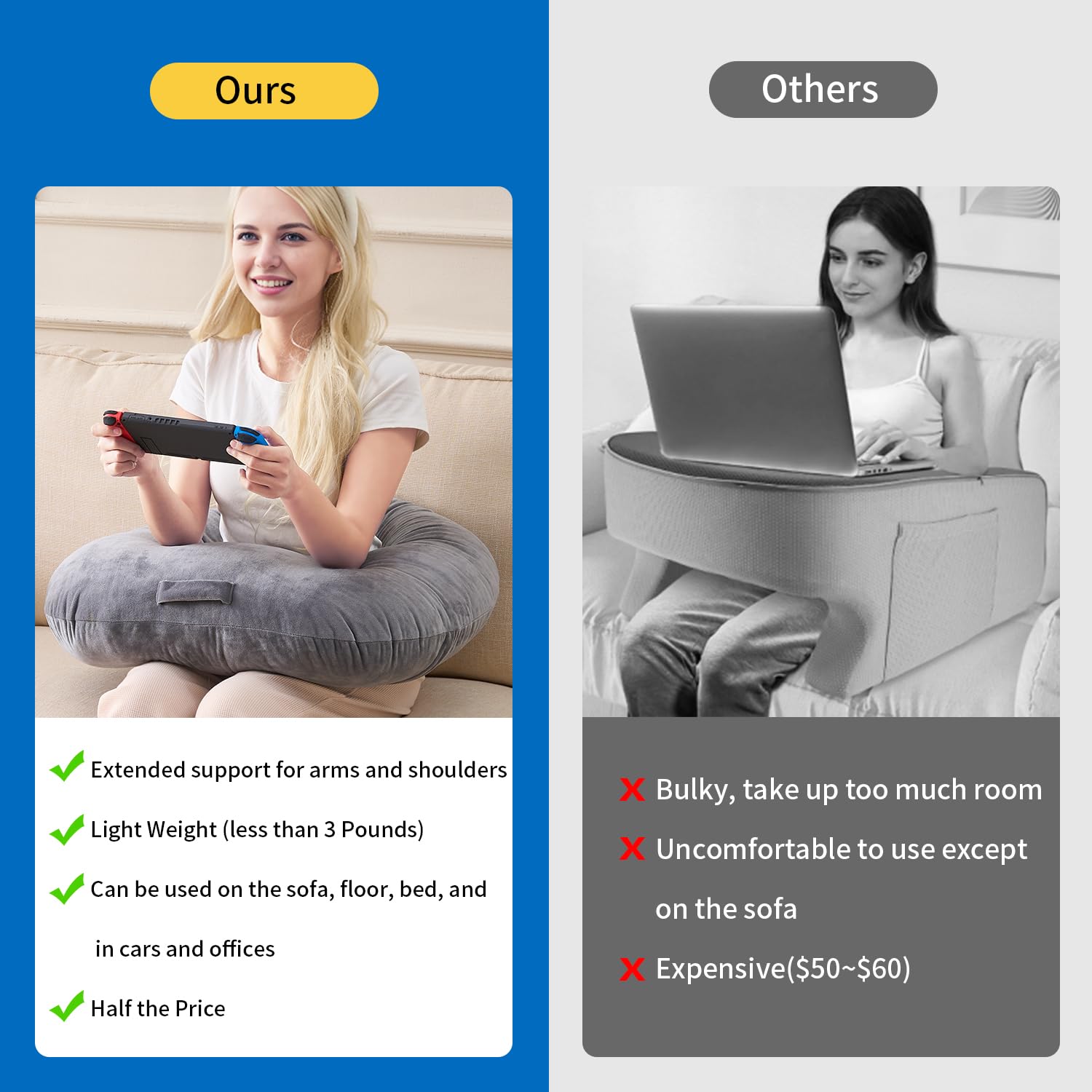 Lesekissen zum Spielen, ergonomische Armstütze zum Spielen, Häkeln, Laptop-Stützkissen zum Sitzen im Bett & Sofa, Haltungskorrektur-Kissen für den Schoß, Samtbezug waschbar (Soft Grau)