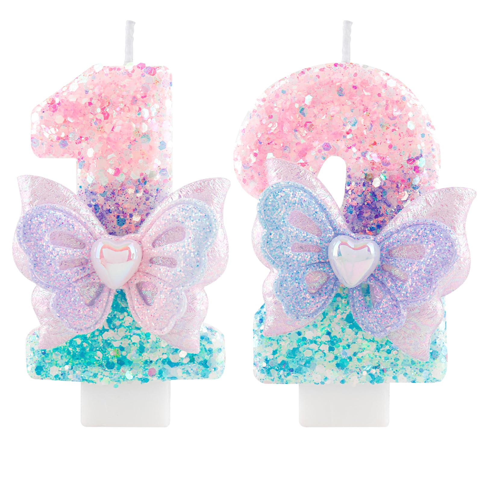 Yiran 12th Birthday Candle for Girls, Princess Glitter Number 12 Candle with Butterfly Decor, Purple Pink Blue Gradient Sequins Butterfly Candle Cake Topper Party for Girls Birthday Decorations