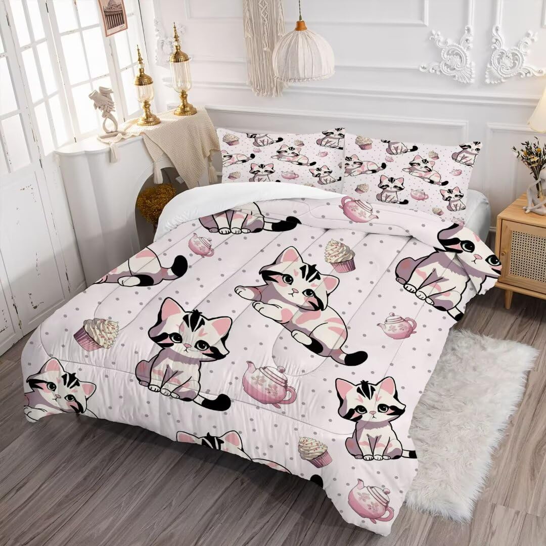 VTKON Pink Cat Comforter Set Twin Size for Girls, Soft Cartoon Cat Bedding Set for All Season Use, Perfect Room Decor of Pink Girls Bedding Set with 1 Comforter 1 Pillowcase