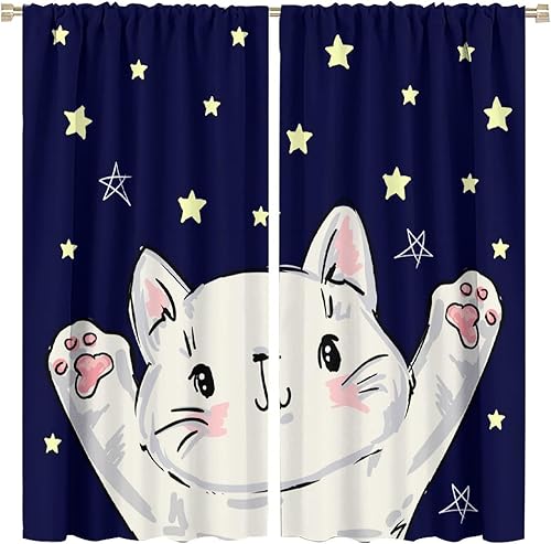 Lindas cortinas de gato de dibujos animados con diseño de gato y estrella, cielo nocturno, impresión artística colorida para dormitorio de niños y