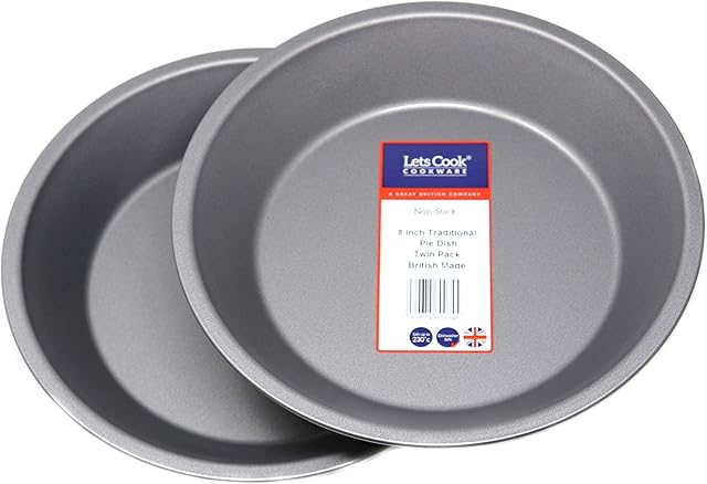 8 Inch Traditional Pie Dish Twin Pack, 20cm, British Made with Teflon Non Stick by Lets Cook Cookware Grey