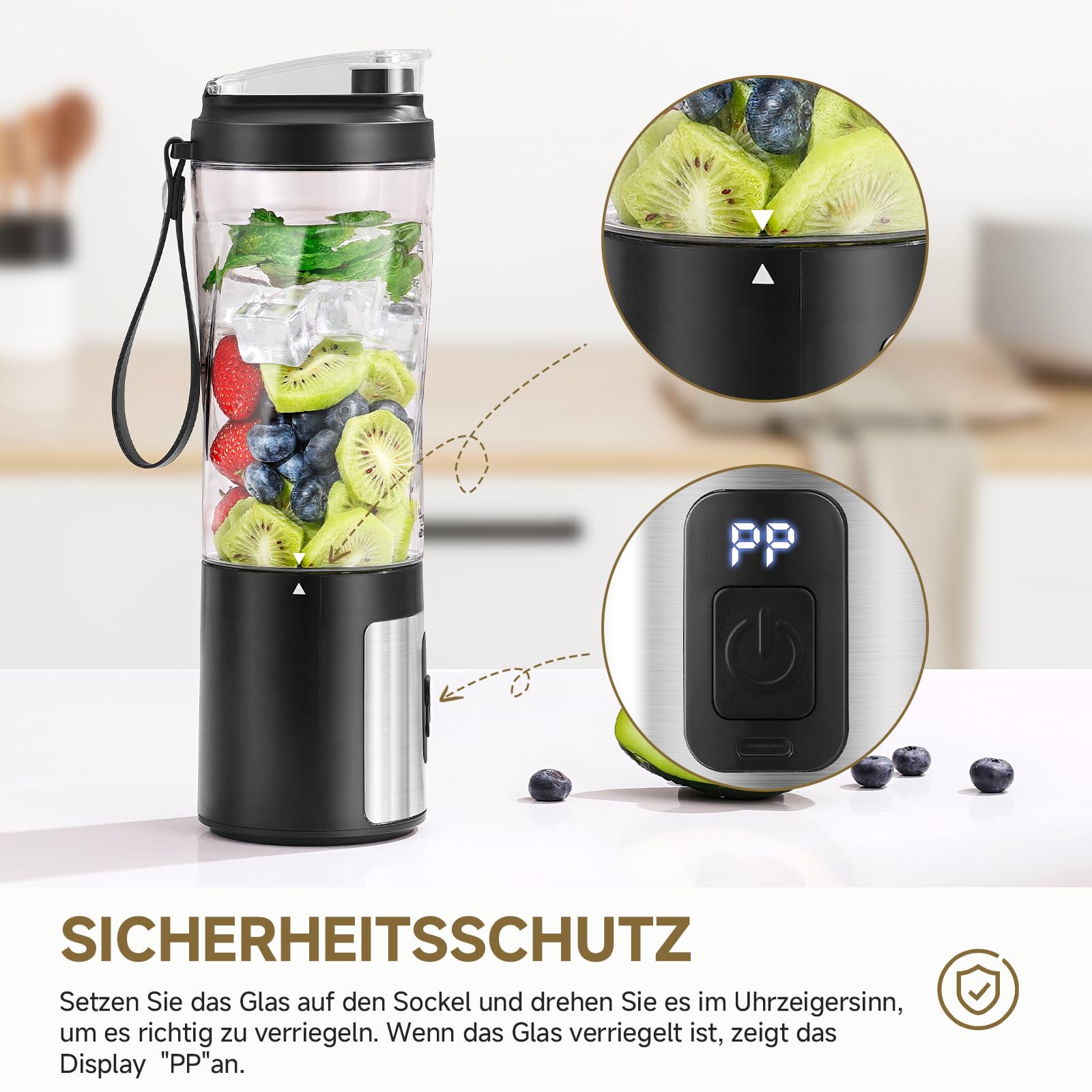 AMZCHEF Tragbarer Mixer 600ml - Smoothie Maker mit 6 Klingen,120W Motor Mixer to Go, Schnellladung über USB-C, IPX6 Wasserdicht, BPA-Frei,Mini-Mixer für Shakes Smoothies Proteinpulver