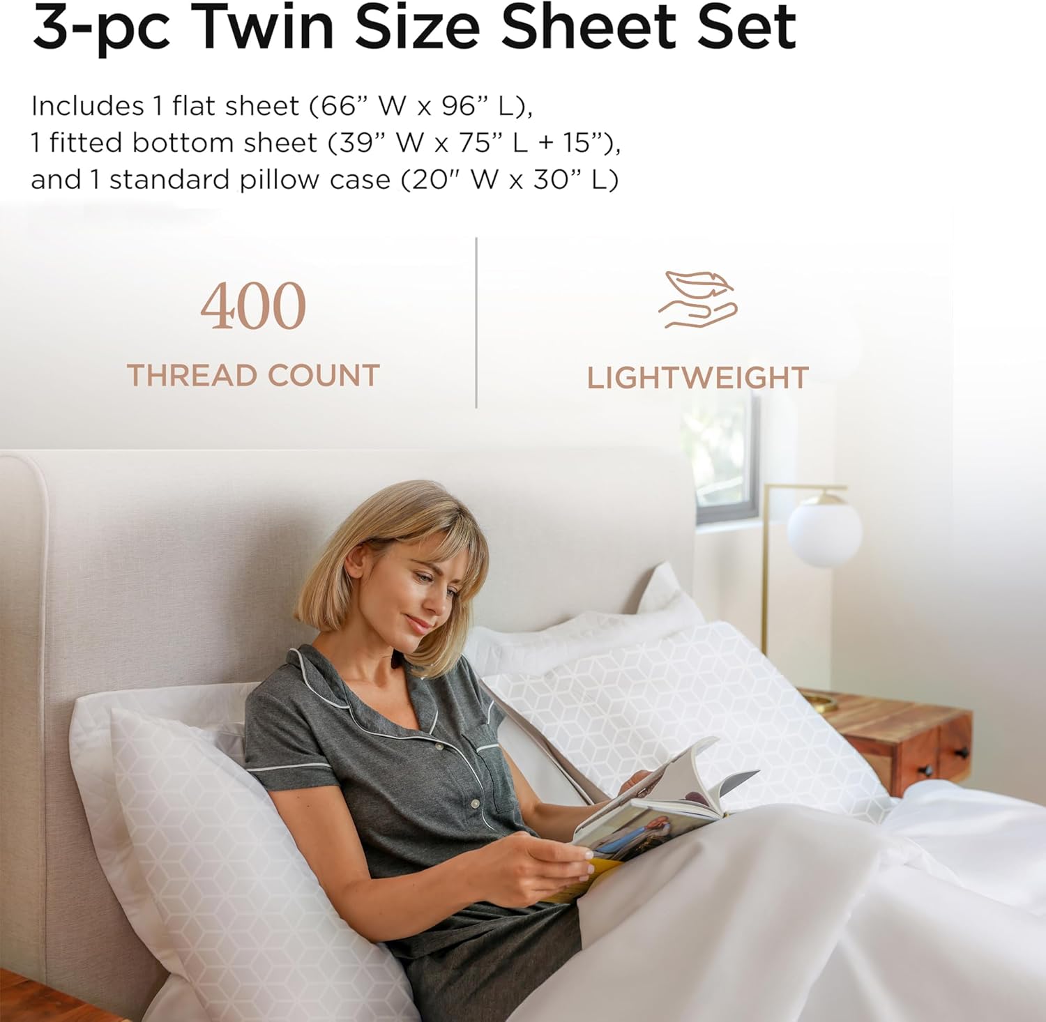 Threadmill Egyptian Cotton Twin Sheet Set | 100% Certified Egyptian Cotton Sheets for Twin Size Bed | Damask Jacquard Twin Bed Sheets Set 15" Deep Pocket | Soft 3 Piece Cooling Sheet Set | White - Image 2