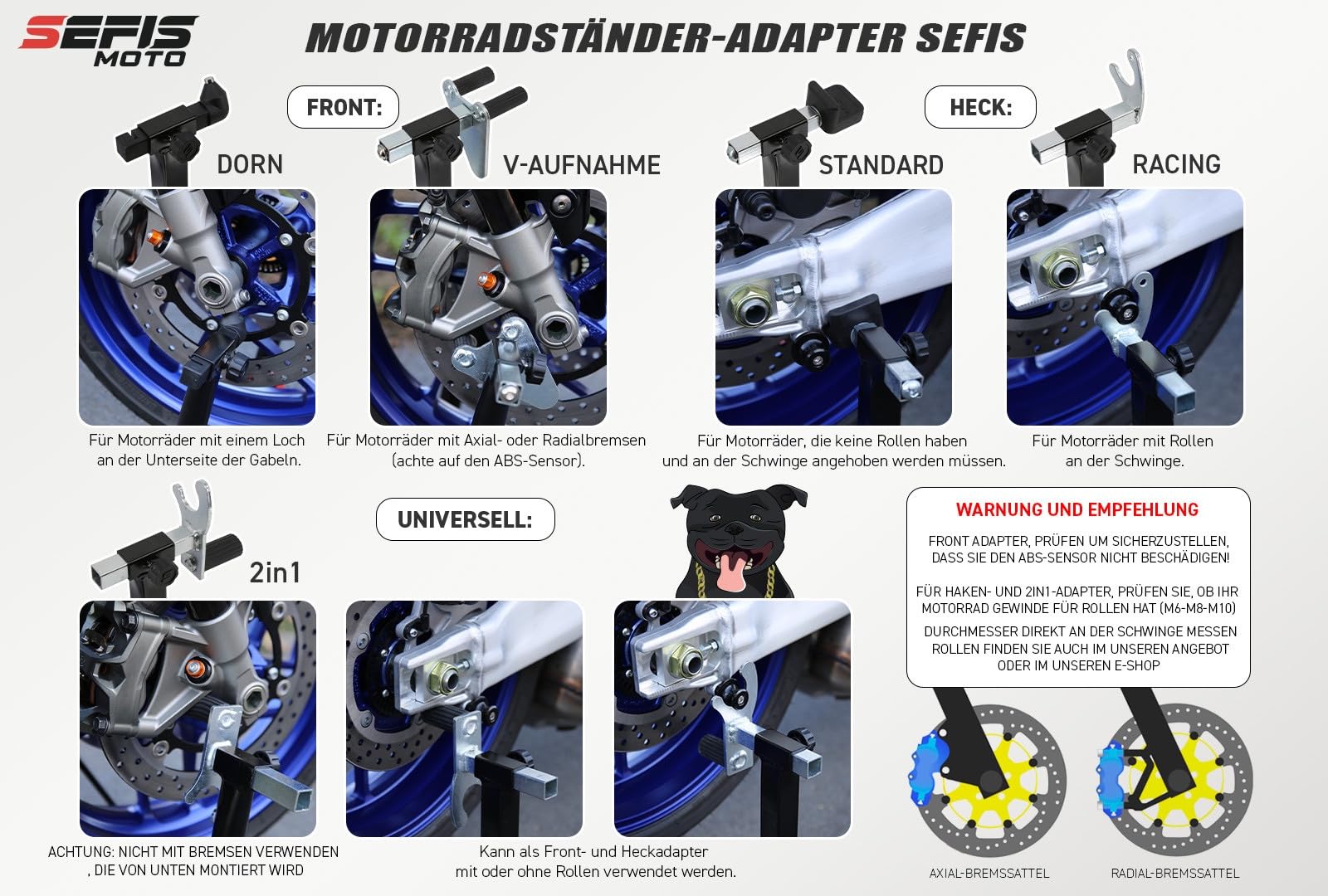 SEFIS M20U Juego de soporte para motocicleta delantera y trasera, soporte de servicio delantero y trasero, soporte de montaje trasero para motocicleta, soporte de montaje para motocicleta (adaptador: