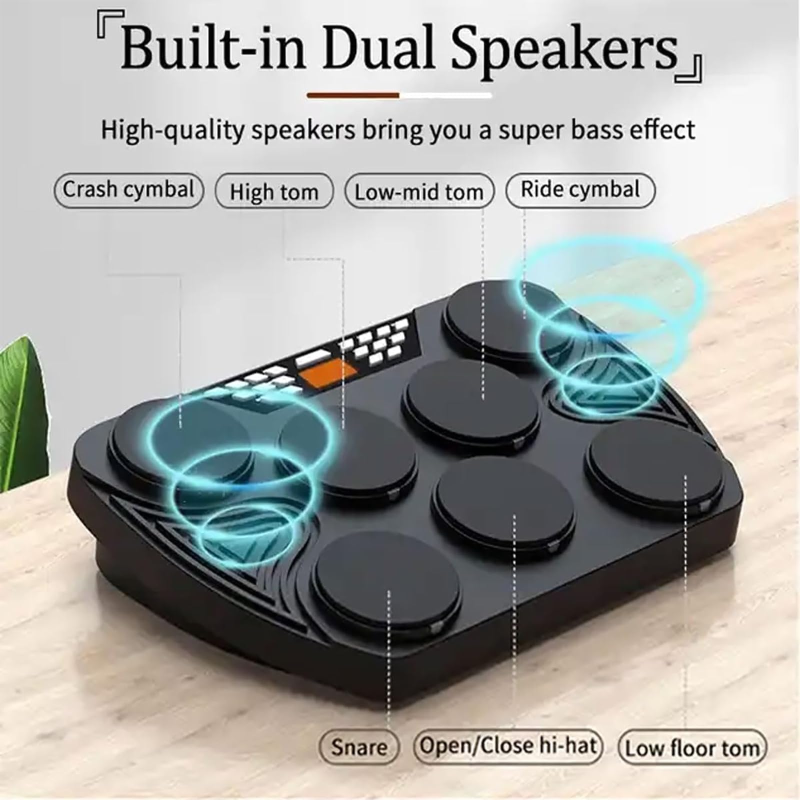 Batería Electrónica, Batería Eléctrica de Mesa con 2 Pedales y 2 Baquetas, Almohadilla de Batería de Práctica de 7 Pads con Panel Digital, Altavoces Incorporados, Soporte de Conexión de PC