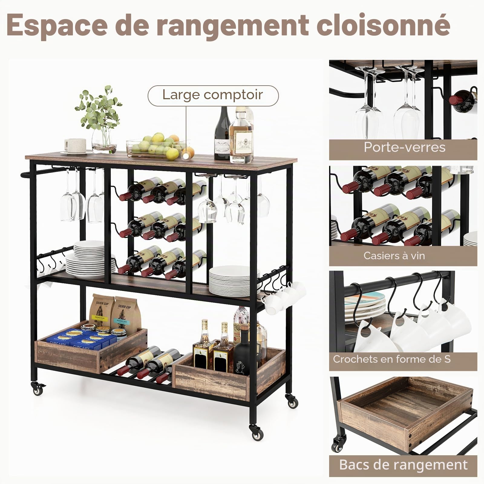 KOMFOTTEU Chariot de Cuisine à roulettes, Desserte de Service avec Porte-Bouteilles, Porte-Verre et Crochets, Chariot d'Appoint à 3 Étages pour Bar de Maison, Cuisine (Chêne Gris)