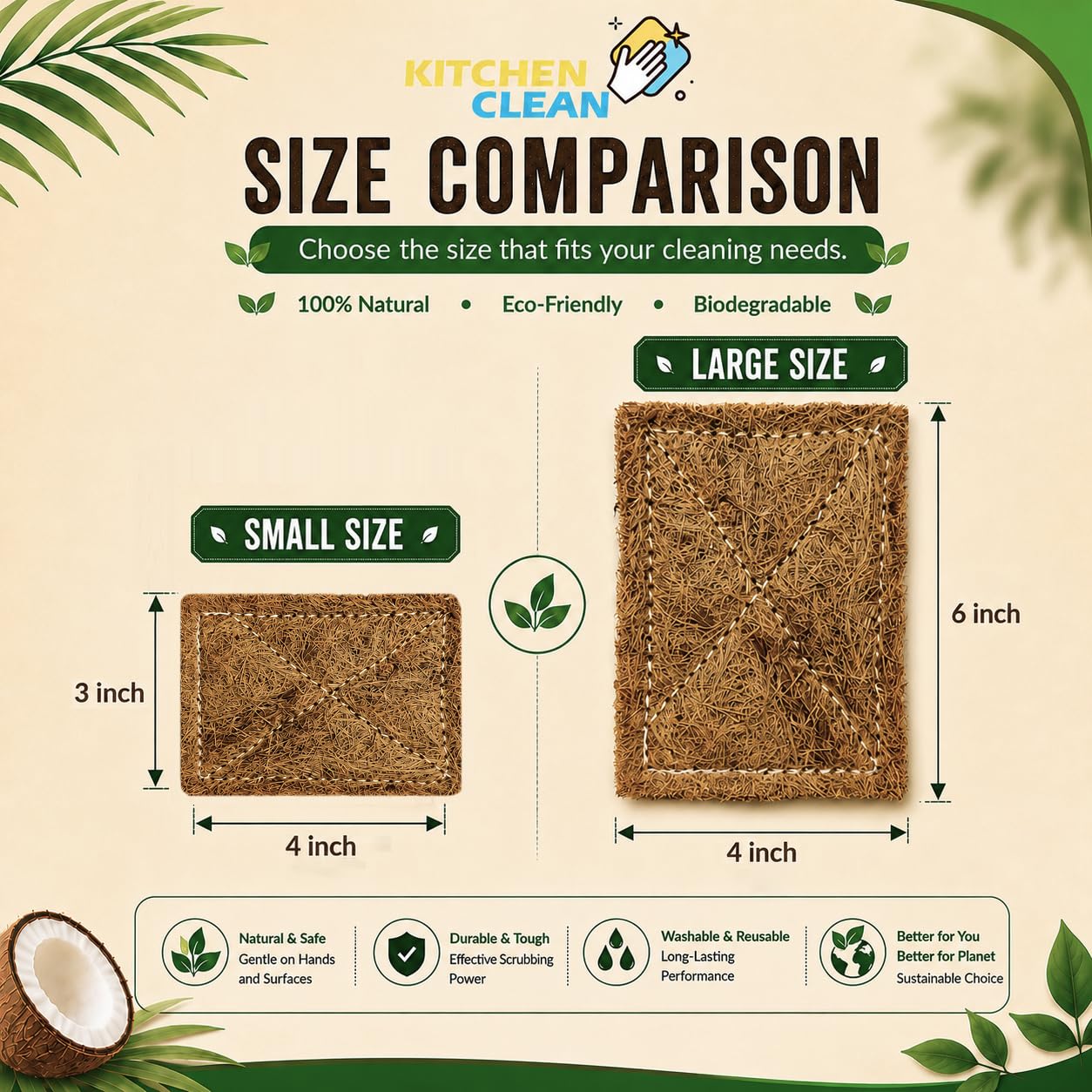 Kitchen Clean Coconut Scrub Pad, Brown, (Small, 3x4 inch, Pack of 10) 1