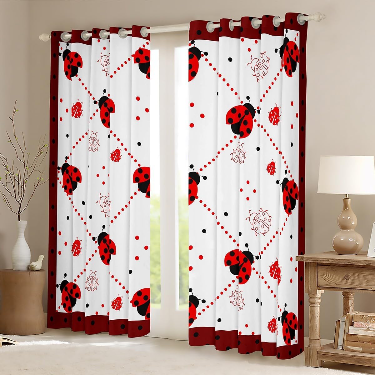 Castle Fairy Cute Ladybug Window Curtains,Red Black Dots Lines Plaid Kitchen Window Treatments,Kawaii Wild Animal Ladybugs Blackout Window Drapes for Home Decor, 2 Panels, 42Wx63L inch