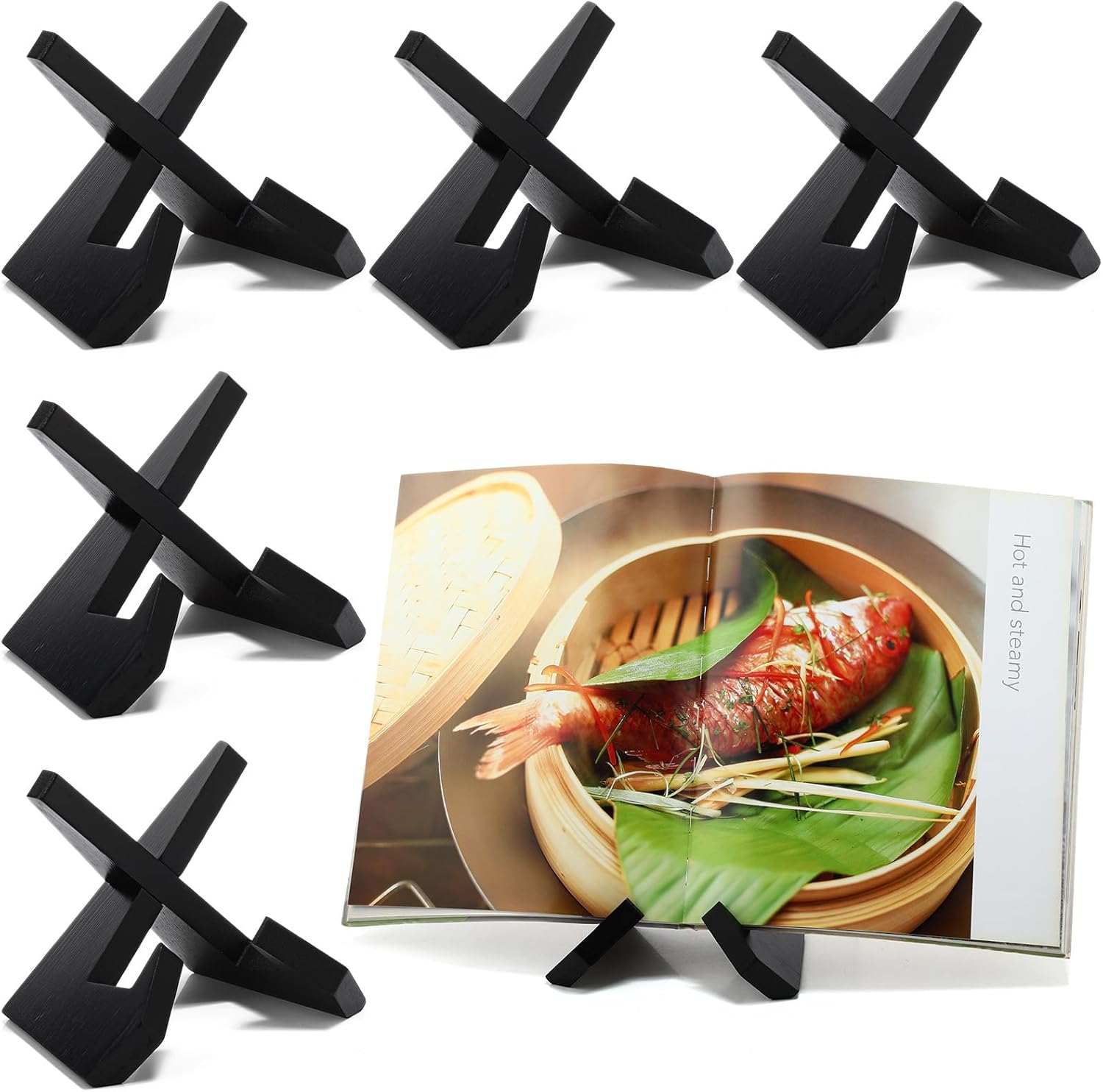 Wenqik 6 Pcs Cookbook Stand for Kitchen Recipe Book Holder Wooden Plate Stand Picture Stands for Display Cook Book Holder Stand Decorative Table Top Easels for Kitchen Counter(Black,4.5 Inch)