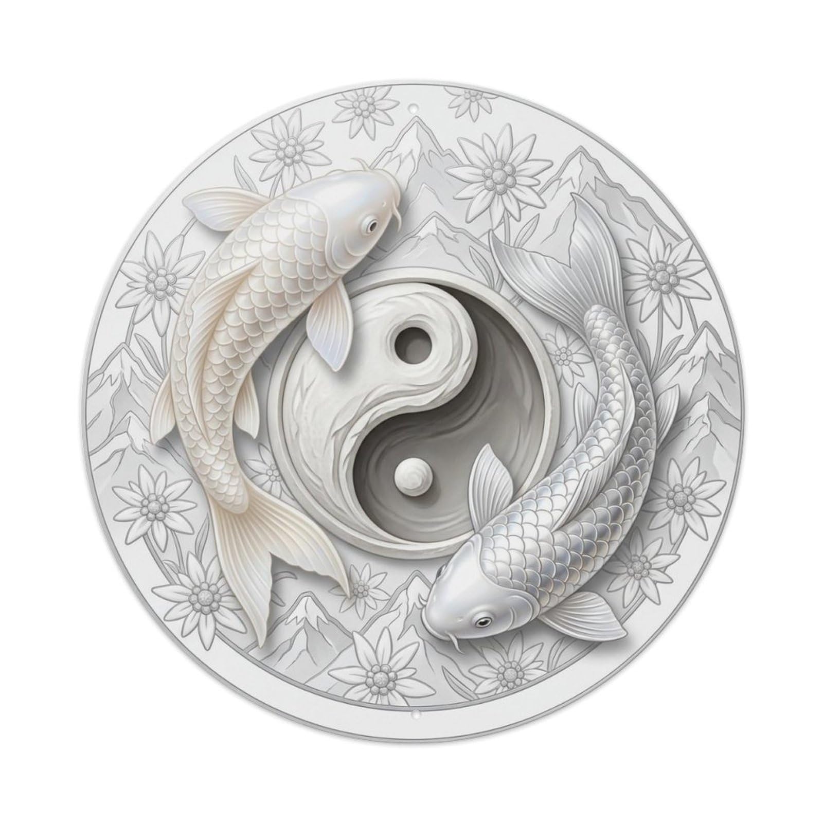 Tai Chi Koi Fish Edelweiss White Flower Mountain Pure Alpine Metal Tin Sign