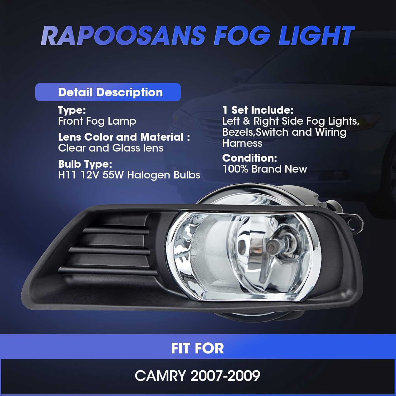 Driving Fog Lights Lamps Assembly Kit for 2007 2008 2009 Toyota Camry Fog Light Replacement with H11 12V 55W Halogen Bulbs Switch and Wiring Kit (Clear Glass Lens)
