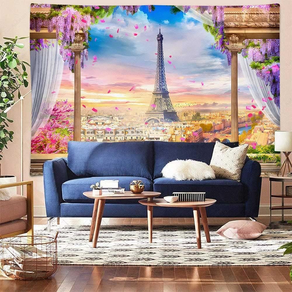 FENDROM Eiffel Tower Tapestry Paris Wall Blanket Large Flannel Art Tapestries France City Scenery Wall Decor Balcony Sunset Wall Hanging for Living Room Dorm Bedroom Home image 4