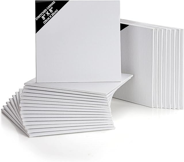 Kurtzy 24 Pack Blank Canvas - 20 x 20cm (8 x 8 inches) - Pre Stretched Square Canvas Panel Boards - Suitable for Acrylic and Oil Painting Also for Sketching and Drawing